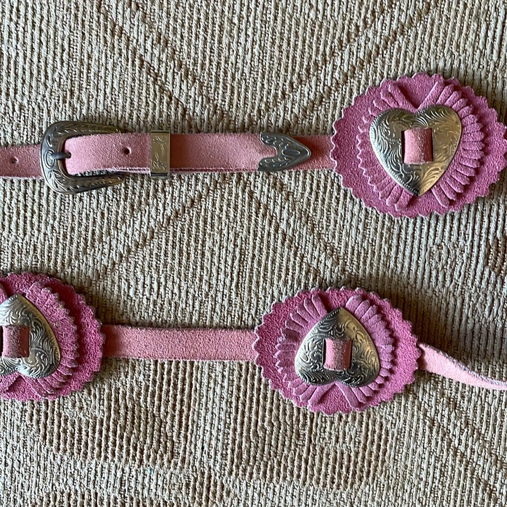 Pink western belt 41”x 0.5” w Silver hearts